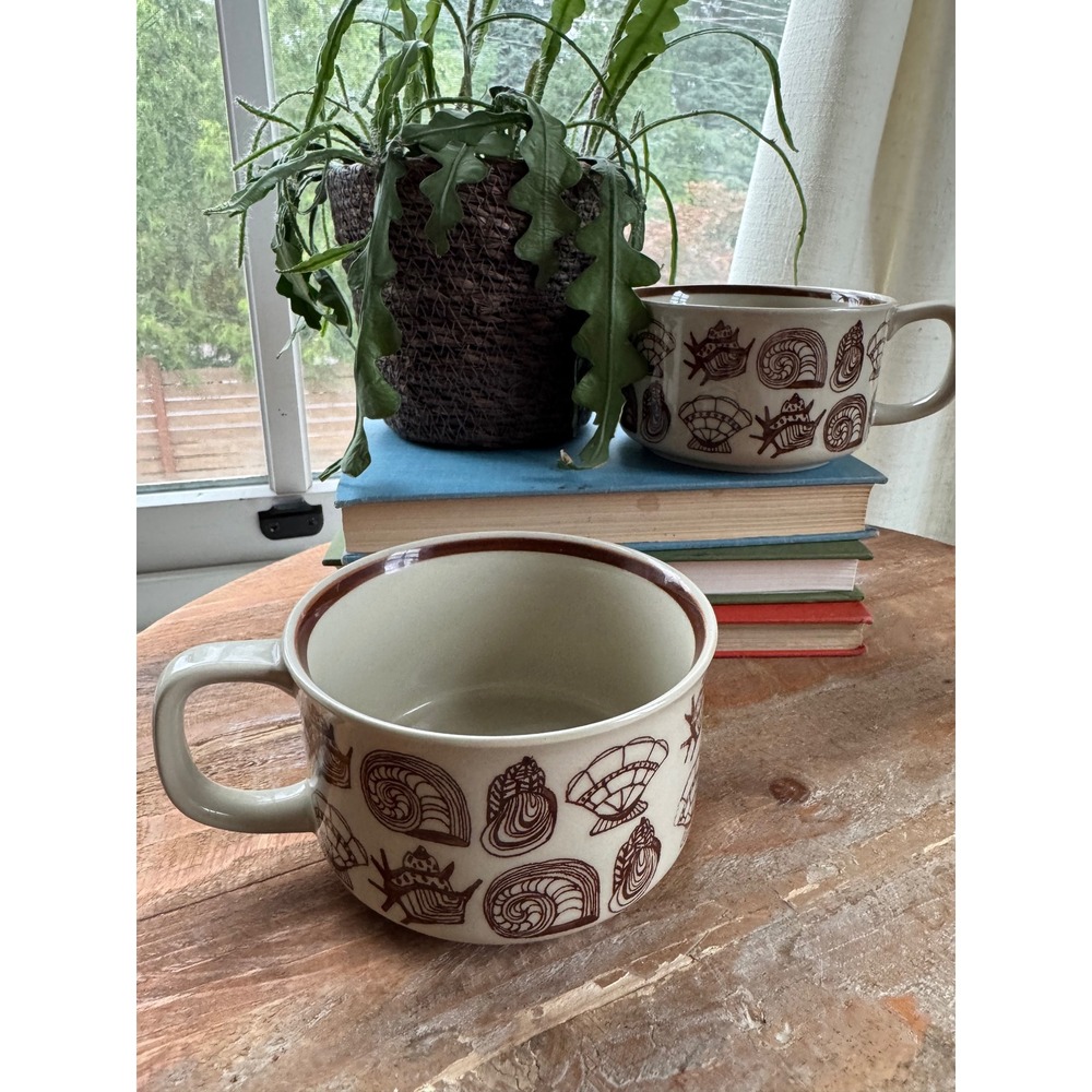 Vintage Seashell Ceramic Soup Mugs Set of 2 Cream Brown Coastal‎ Nautical Decor